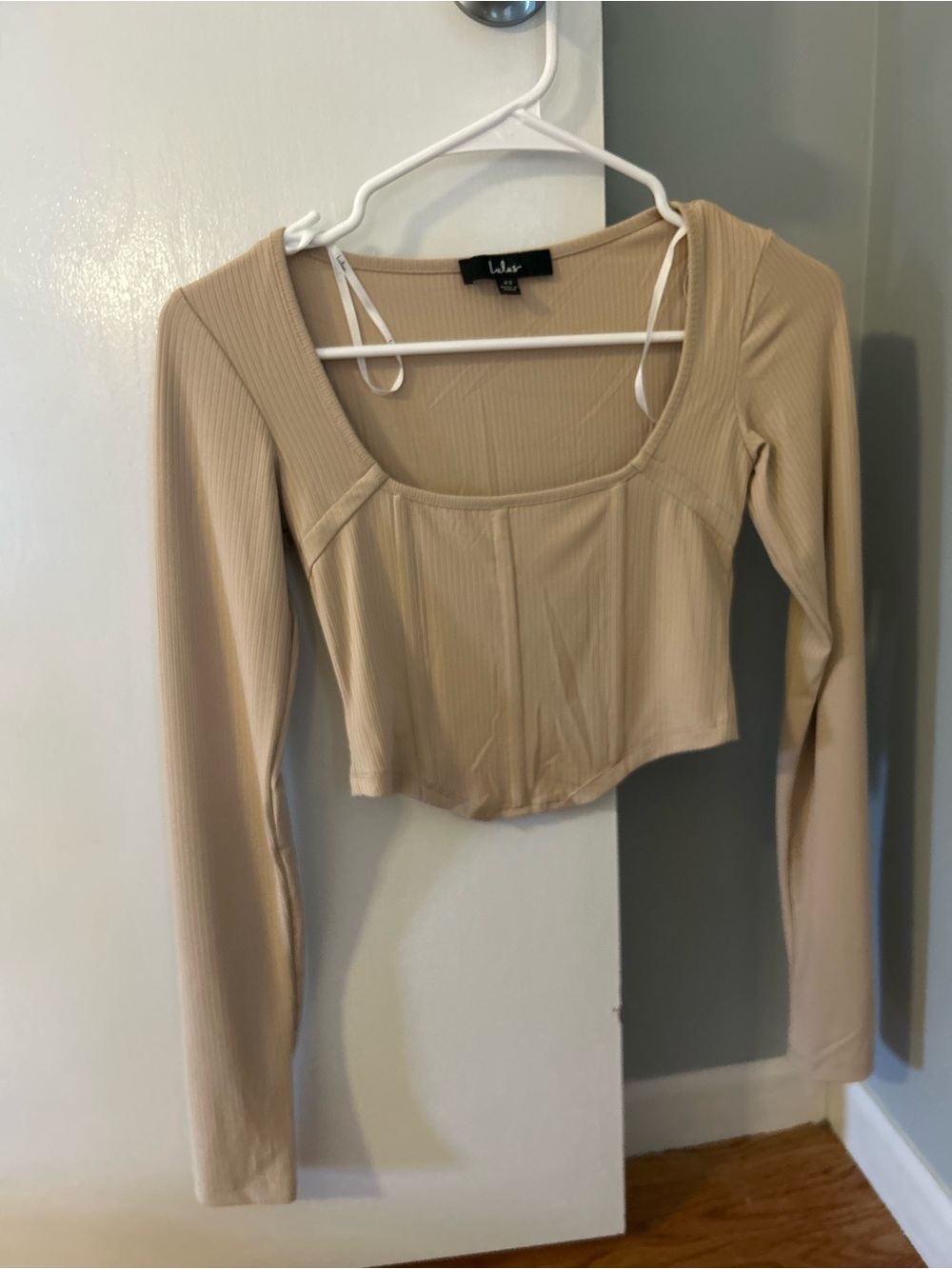 Lulu's Neutral Ribbed Square Neck Long Sleeve Crop Top - Beige